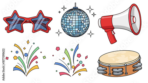 A colorful vector graphic illustration of party icons including a disco ball and confetti