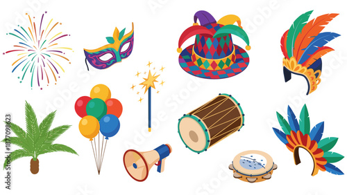 A vibrant and colorful illustration of various Mardi Gras and party icons on a