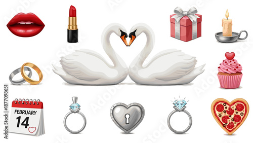 A set of Valentine's Day themed vector graphics and icons on a