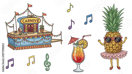 A colorful illustration of a pineapple character dancing near a carnival stage with musical notes