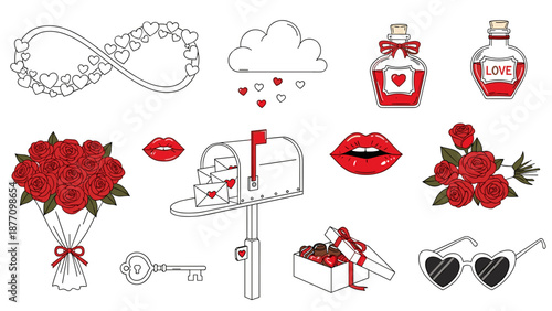A set of romantic vector icons and illustrations for Valentine's Day, featuring love symbols and gifts.