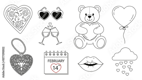 A minimalist Valentine's Day themed vector graphic illustration featuring various romantic icons and symbols.