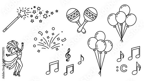 A festive vector graphic illustration of party icons and music symbols in a flat minimal design