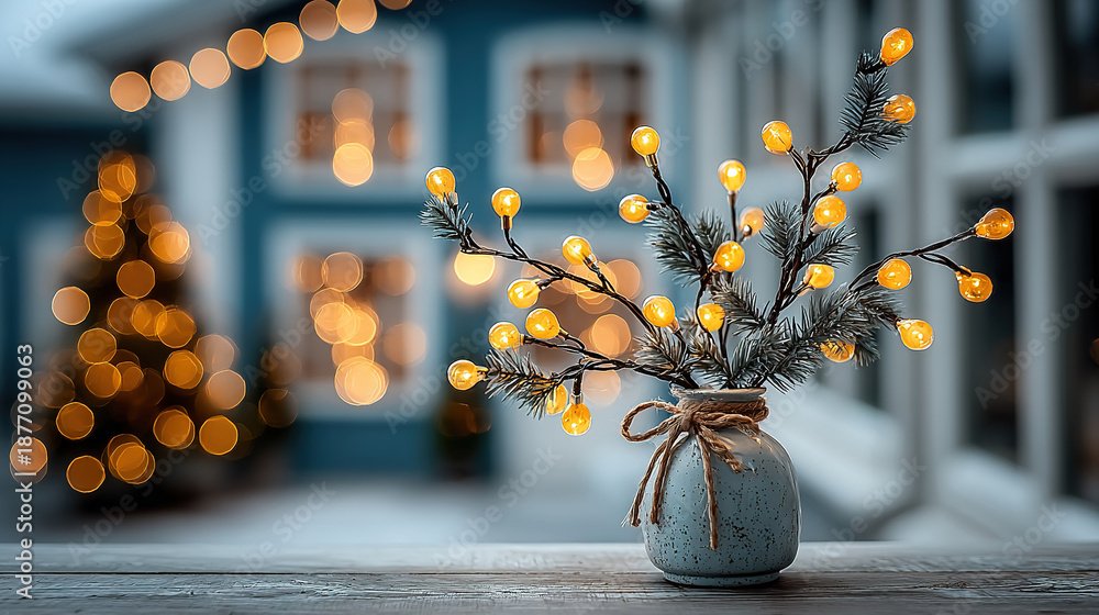 custom made wallpaper toronto digitalDecorative branch with yellow lights in a vase, blurred background.