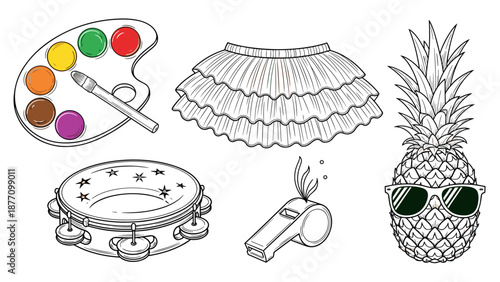 A colorful vector illustration of various fun objects including a paint palette, skirt, tambourine, whistle, and pineapple.