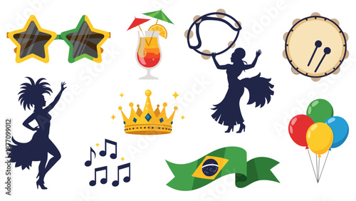 A vibrant vector graphic illustration of various Brazilian Carnival icons and symbols on a