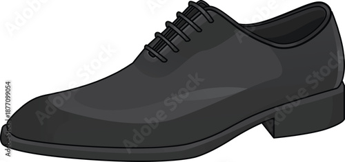 Side view of a classic black leather shoe. Vector illustration of a men's formal oxford footwear isolated on white background. Elegant business and wedding attire style.