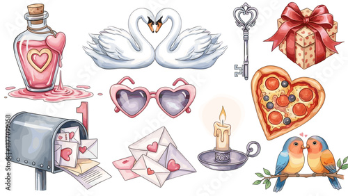 A colorful vector graphic illustration of various Valentine's Day themed icons and symbols