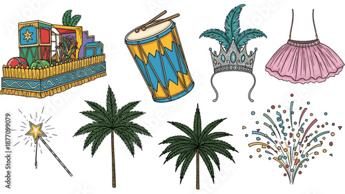 A colorful vector graphic illustration of various carnival and party elements on a