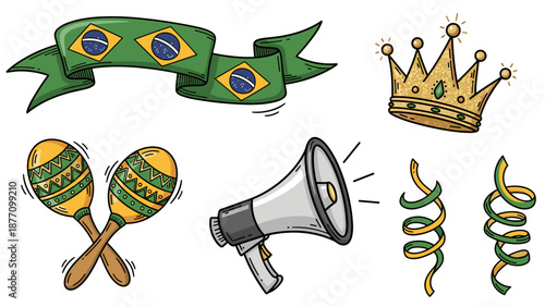 A colorful vector illustration of Brazilian carnival icons including a green ribbon, crown, maracas, megaphone, and confetti.