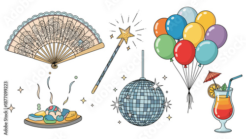A colorful illustration of party objects including a fan, wand, balloons, and drinks