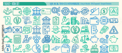 Flat design close up finance icon set with blue and green line icons showing banking wallets coins charts cards and transactions