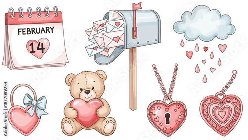 A vector graphic illustration of Valentine's Day icons and symbols on a