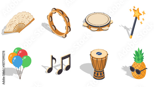 A colorful vector graphic illustration of various fun and festive icons and objects