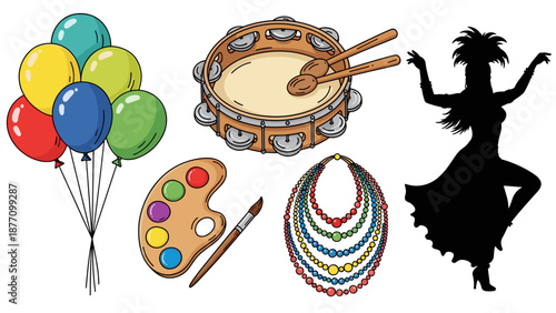 A colorful vector graphic illustration of various festive objects and art supplies for celebration and creativity