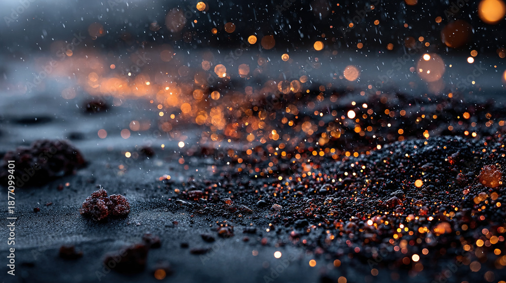 custom made wallpaper toronto digitalClose-up of glowing particles on dark, sandy surface with sparkles.