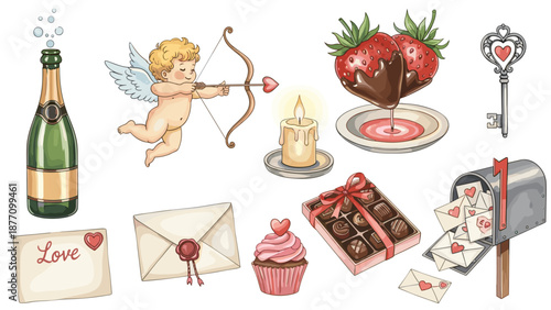 A charming Valentine's Day themed vector graphic illustration with various romantic symbols and treats