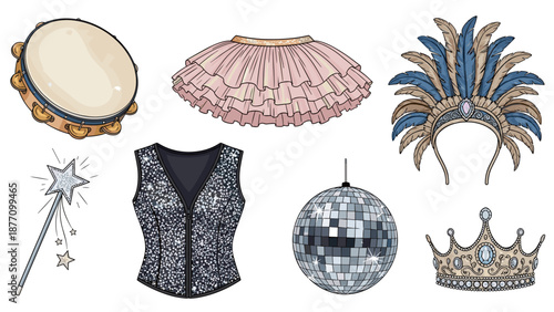 A colorful illustration of various party accessories and decorations on a