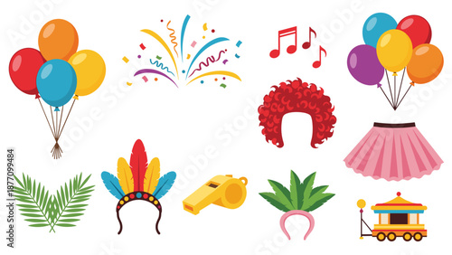 A colorful illustration of various party elements and accessories on a