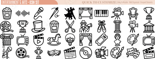 Line art entertainment and arts outline icon set close up horizontal layout theater film music trophy mask stage curtain applause