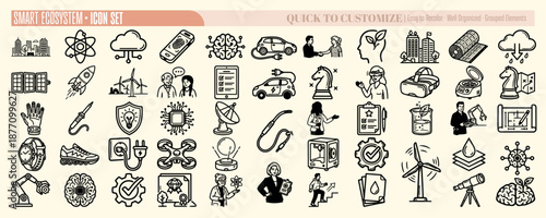 Flat design line art smart ecosystem icon set displaying assorted technology and sustainability icons in horizontal layout with beige background