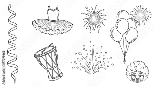 A festive vector graphic illustration of party elements including balloons and fireworks