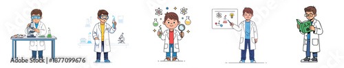 Cute Young Scientist Boy Flat Vector Characters For Education Science Learning