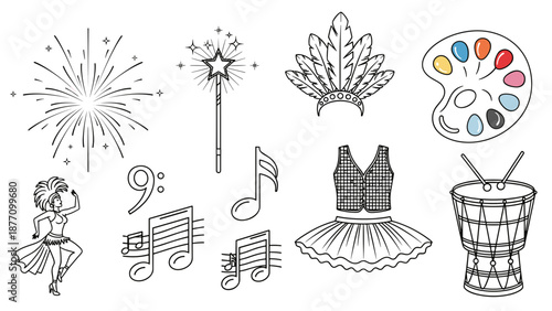 A minimalist vector graphic illustration of various artistic and creative icons on a