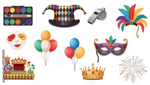 A colorful illustration of various carnival and party elements on a