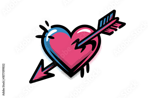 A colorful cartoon heart pierced by an arrow, symbolizing love and passion in a playful, hand-drawn design.