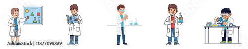 Young Science Student Boy Flat Vector Characters Set For Learning Education