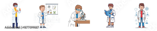 Young Scientist Boy Flat Vector Character Set For Science Education Learning