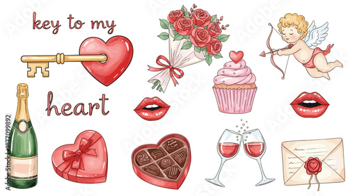 A romantic Valentine's Day illustration with various symbols of love and affection in a flat design style