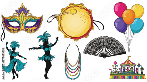A colorful Mardi Gras celebration vector graphic with festive masks and decorations