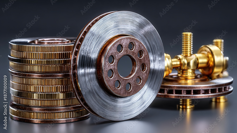 custom made wallpaper toronto digitalCoins and mechanical parts arranged on a reflective surface.