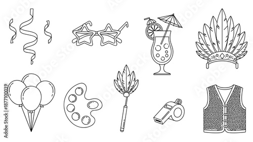 A set of festive party icons and symbols in a minimalist line art style
