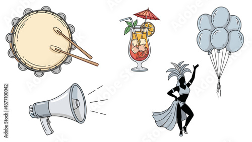 A colorful vector illustration of party objects including a drum, cocktail, balloons, megaphone, and dancing woman