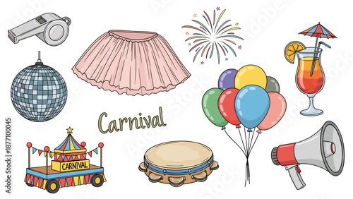 A colorful illustration of various carnival objects and symbols on a