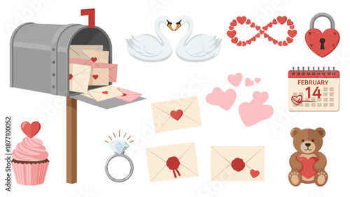 A colorful Valentine's Day themed vector graphic illustration with mailbox and romantic symbols