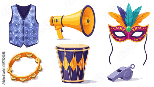 A colorful illustration of Mardi Gras party accessories and instruments on a