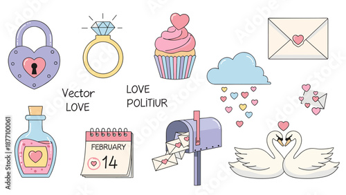 A colorful vector illustration of Valentine's Day icons and symbols on a