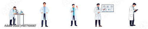 Professional Medical Scientist Man Flat Vector Character Set For Laboratory Research