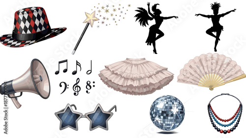 A colorful vector graphic illustration of various circus and performance icons on a