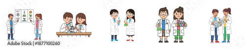 Cute Kids Scientist Flat Vector Character Set For School Science Education