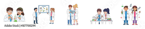 Cute Kids Scientist Flat Vector Character Set For Science Education Learning