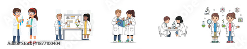 Cute Kids Scientist Team Flat Vector Characters For Science Education Learning