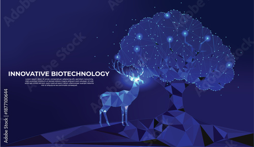 Glowing deer in nature next to a tree in a vibrant blue geometric style with digital network connection nodes and a futuristic environmental concept. Sustainability, Green energy Innovation, modern
