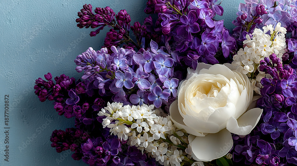 custom made wallpaper toronto digitalArrangement of purple, white, and cream flowers against a blue background.
