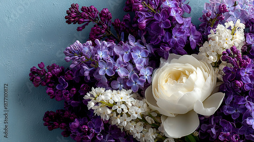 Wallpaper Mural Arrangement of purple, white, and cream flowers against a blue background. Torontodigital.ca