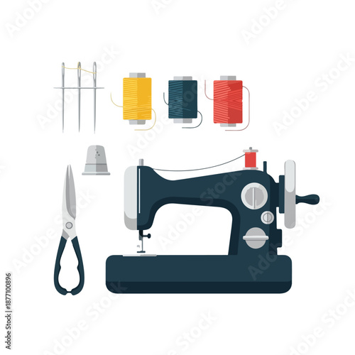 Sewing Machine with Threads and Scissors.